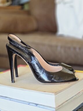 Sergio Rossi Black Patent Peep-Toe Slingback Heels